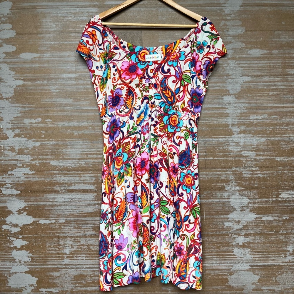 Jam’s World Rendezvous Floral Mini Dress Boho Art to Wear Preppy Womens M